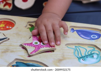 Young toddler girl refining her hand-eye coordination and fine motor skills through play by doing a puzzle