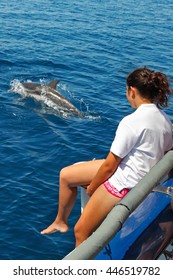 Young Tourist Girl During A Dolphin Watching