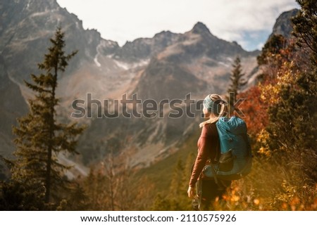  Young traveler hiking girl with backpacks. Hiking in mountains. Sunny landscape. Tourist traveler on background view mockup. High tatras , slovakia Сток-фото © 
