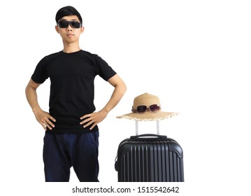 Young Traveler Man Black Shirt With Sun Glasses Stand With Vintage Hat Sunglasses Above Luggage On White Isolated,Asian Man Tourism Concept