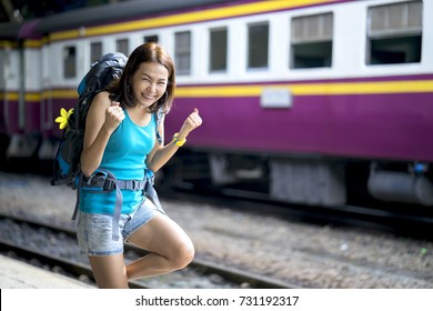 Young Traveler Woman Backpacker Feeling Happy For Mission Complete. Successful Traveling Alone, Proud Of Her Achievement And Make Her Confident To Do Next Chapter.  Travel Concept With Copyspace