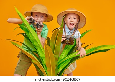 Young travelers, a girl and a boy, explore nature, they look out from behind palm leaves with binoculars and a camera. Summer vacation, tourism. Studio portrait on a yellow background. 