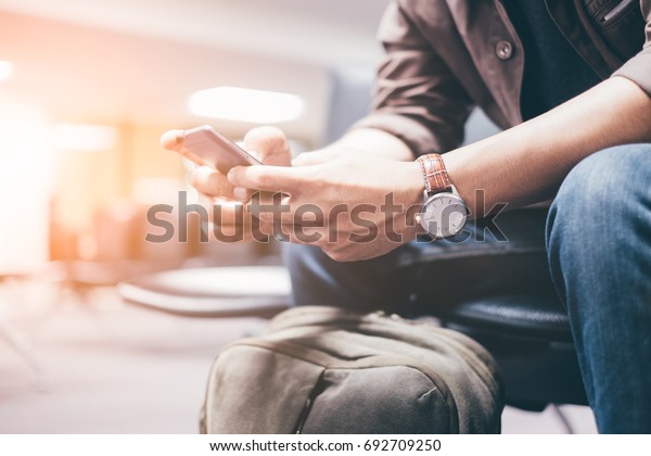 Young Travelers Living Smartphones Waiting Mass Stock Photo Edit