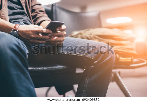 Young Travelers Living Smartphones Waiting Mass Stock Photo Edit