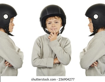 Young Triplets Boy With Black Helmet Isolated On White Background