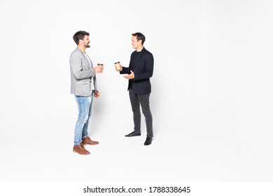 Young Two Men Corporate Executives Standing And Talking With Coffee On White Background.