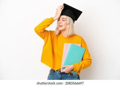 Young university caucasian woman graduate isolated on white background has realized something and intending the solution