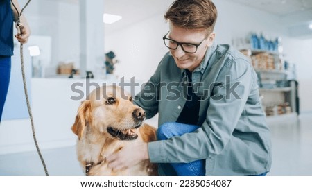 Young Veterinarian Brings a Pet Golden Retriever Back to the Guardian. A Young Man Waiting for His Pet in the Veterinary Clinic Reception Room. Dog is Happy to See the Owner and Get Petted