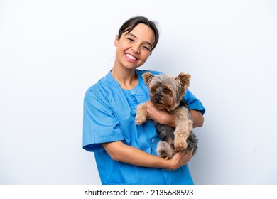 Young veterinarian woman with dog isolated on white background with happy expression - Powered by Shutterstock