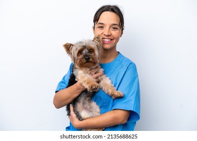 Young Veterinarian Woman With Dog Isolated On White Background Smiling A Lot