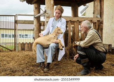 Young veterinary clinician in lab coat petting cute goat and consulting owner of cattle farm sitting on squats in front of her - Powered by Shutterstock