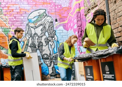 Young volunteers in gloves and safety vests work together to sort trash into a bin during a community clean-up event. - Powered by Shutterstock