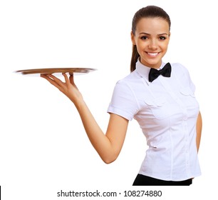 A young waitress in a white blouse with a tray in his hand - Powered by Shutterstock