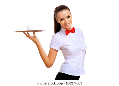 A young waitress in a white blouse with a tray in his hand - Powered by Shutterstock