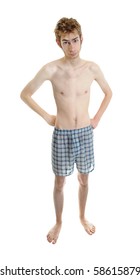 A young white Caucasian adult wearing underwear isolated on white.
