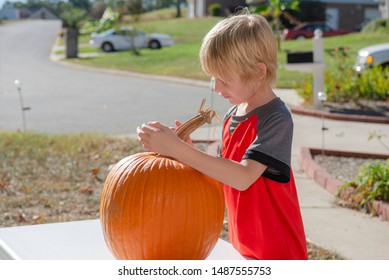 Young White Caucasian Boy Carving Pumpkin Outside