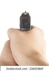 Young White Male In His 20s Holding A .45 ACP Handgun  Isolated On White Background From A First Person Perspective