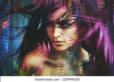 Young Wild Woman Beauty Portrait Double Exposure 