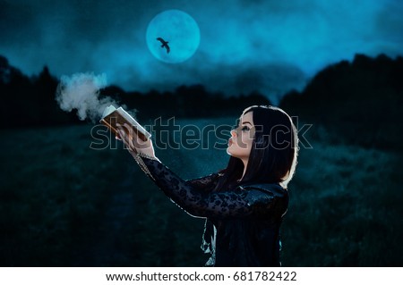 A young witch in a black dress conjures at night on a full moon. Fantasy illustration. Fairy tale