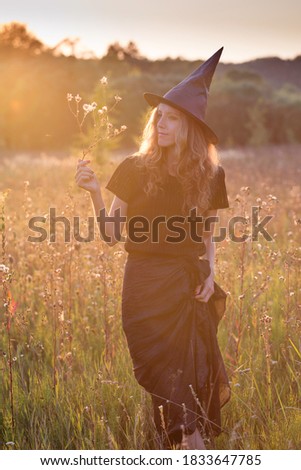 Young witch in a hat at sunset