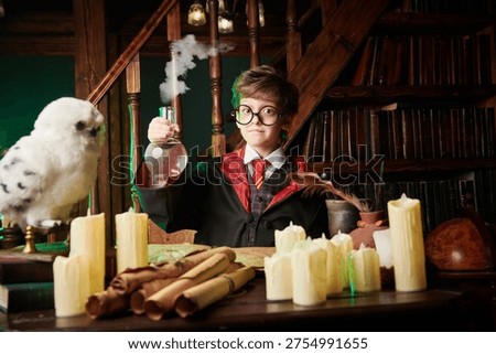 Young wizard boy performing potion experiment in magical classroom surrounded by candles and ancient scrolls. Fantasy wizard school interior with mystical atmosphere.
