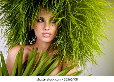 Young  Woman And Abstract Green Hair