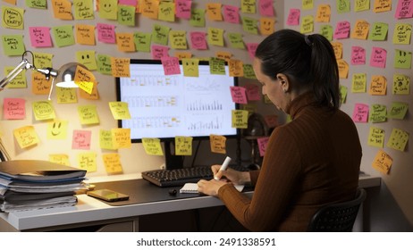 Young woman adds colorful note to her computer screen while working late at night, surrounded by sticky notes covering the walls - Powered by Shutterstock