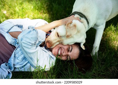 Young Woman Adopt Young Dog Labrador Retriever From Animal Rescue Center And Gave Him Love And Friendship. Female Animal Lover Spending Time With Her Puppy In The Park.