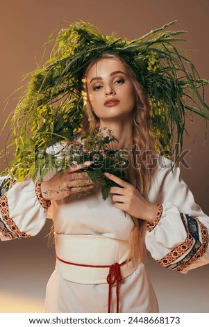 A young woman adorned in a traditional outfit, wearing an ornate floral wreath on her head in a fairy and fantasy studio setting.