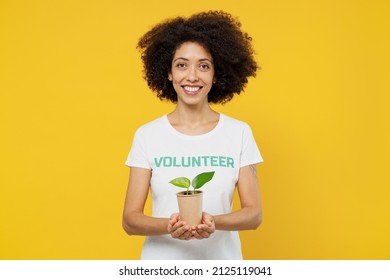 Young Woman Of African American Ethnicity Wears White Volunteer T-shirt Hold In Hands Little Plant Sprout Isolated On Plain Yellow Background. Voluntary Free Work Assistance Help Charity Grace Concept