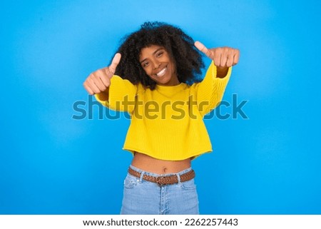 Similar – Image, Stock Photo Happy black young woman inviting with open hands
