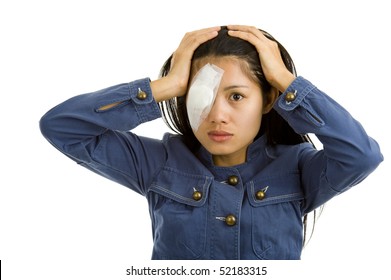 Young Woman After Eye Surgery, Isolated On White Background