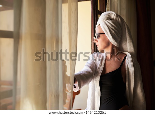 Young Woman After Shower Wearing White Stock Photo Edit Now