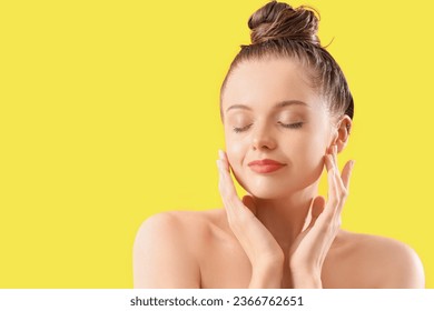 Young woman after washing hair on yellow background, closeup - Shutterstock ID 2366762651