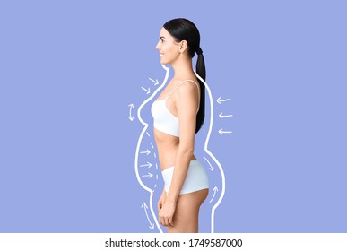 Young Woman After Weight Loss On Color Background