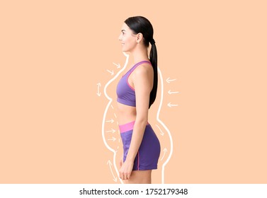 Young woman after weight loss color background