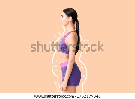 Young woman after weight loss on color background