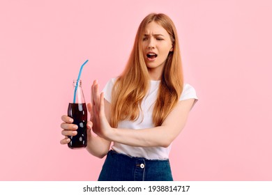 Young Woman, Against Carbonated Drinks, Refuse Carbonated Soft Drinks, On Pink Background