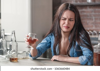 Young Woman Alcoholic Social Problems Concept Sitting Frowning Bad Taste