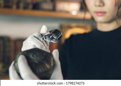 Young Woman In The Antique Shop. Appraiser.