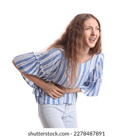 Young woman with appendicitis on white background - Shutterstock ID 2278487891