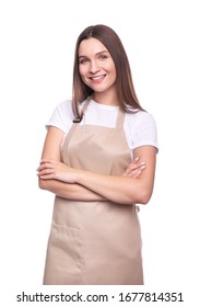 Young Woman In Apron Isolated On White Background