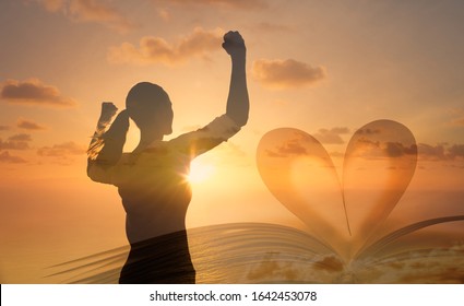  Young Woman With Arms Flexed Up To The Sky. Religious Symbol, Worship, Self Belief, Life Goals Concept.   