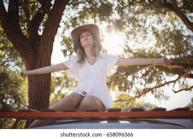 Young woman with arms outstretched sitting on van against tree - Powered by Shutterstock