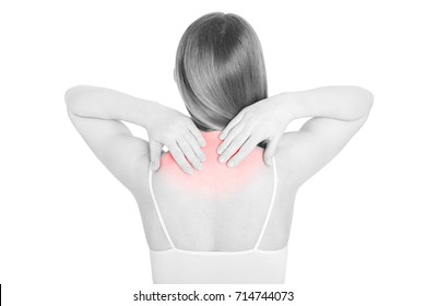 Young Woman Back With Neck Pain, Red Area Isolated On White, Clipping Path