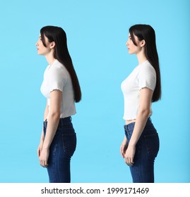 Young woman with bad and proper posture on color background - Shutterstock ID 1999171469