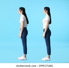 Young Woman With Bad And Proper Posture On Color Background