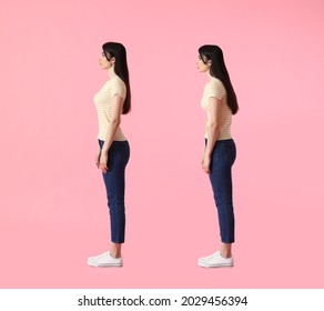 Young Woman With Bad And Proper Posture On Color Background