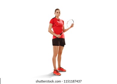 Young woman badminton player over white studio background. Fit female athlete isolated on white. - Powered by Shutterstock