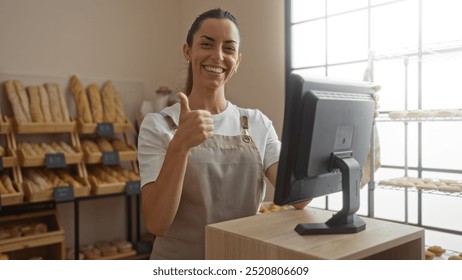 Young woman baker indoors giving thumbs up in a bakery shop with fresh bread on shelves behind her - Powered by Shutterstock